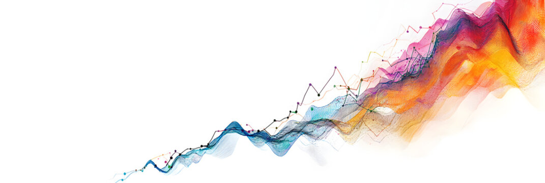 A colorful abstract image depicting numerical graphs showing an upward trend on a bright wide banner - white background