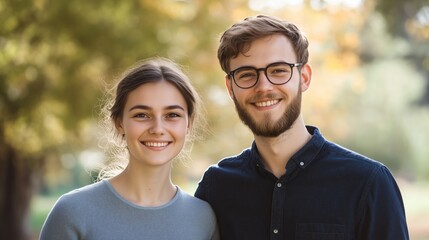 Obraz premium Couple strolling in a sunlit park, smiling warmly, surrounded by trees and dressed casually. AI generated