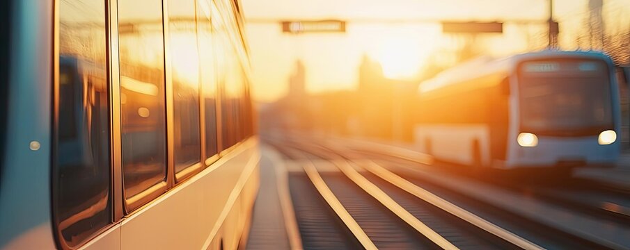 Energy efficiency idea. A train passing by a station at sunset, highlighting travel and urban commuting.