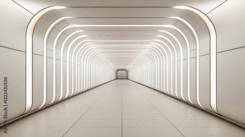 Aufkleber energy efficiency idea. futuristic white corridor with glowing arches and sleek lines, creating a mo