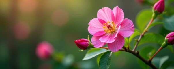 Obraz premium Pink wild rose branch with green leaves and stem, spring blooms, pink wild rose, spring flowers