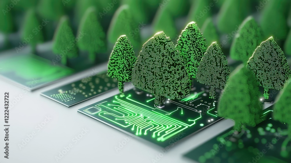 Poster Green technology concept. A blend of nature and technology with trees on a circuit board.