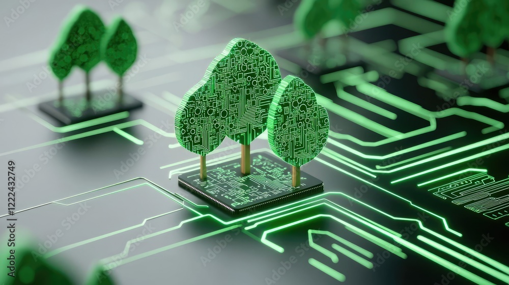 Poster green technology concept. trees growing on a circuit board, symbolizing the fusion of nature and tec