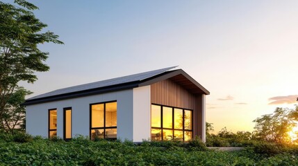Green technology concept. A modern house blending with nature at sunset, showcasing contemporary design.