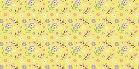 Seamless floral pattern featuring pastel flowers and branches on soft yellow background. Perfect for textiles, wallpapers, and decorative designs.
