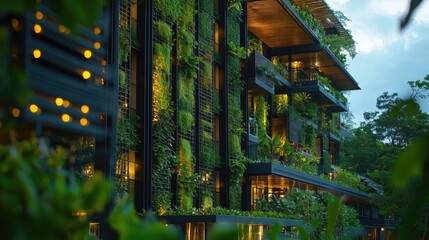 Fototapeta premium Energy efficiency idea. A modern, green building with lush vegetation and contemporary design elements.