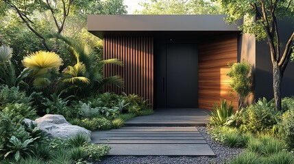 Charming Modern Garden Featuring a Rustic Wooden Door Surrounded by Lush Greenery Colorful Blossoms and Soft Natural Light Creating a Peaceful Tranquil Outdoor Space for Relaxation and Reflection