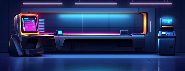 Futuristic station counter, neon glow