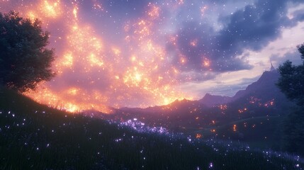 Fototapeta premium Magical sunset fire landscape with purple flowers and mountains.