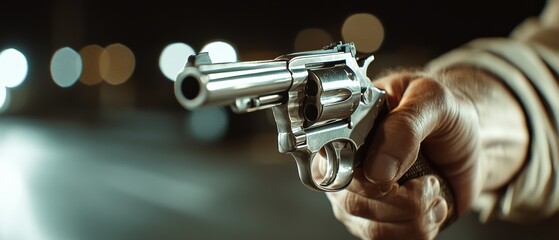 A hand grips a revolver under city lights, emphasizing tension and anticipation in a scene filled with a sense of suspense.