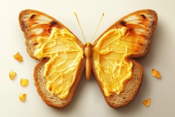 A yellow butter spread on a piece of toast is cut in half to form a butterfly