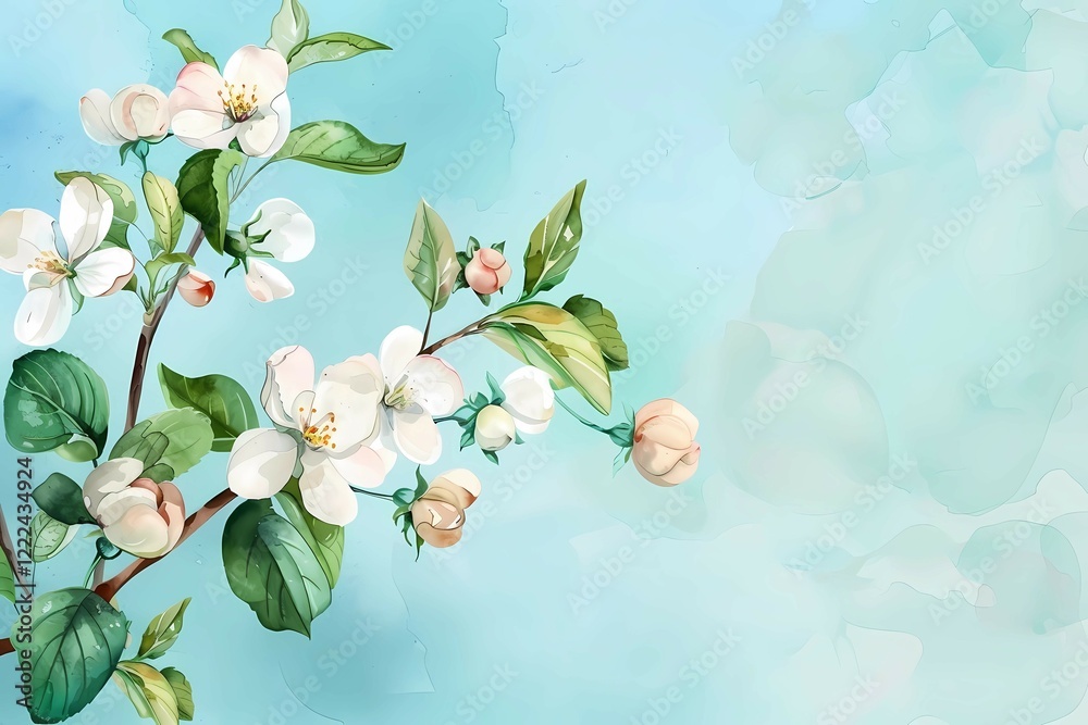 Poster on the right is a botanical watercolor illustration of an apple tree branch with white flowers and g