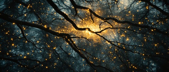 Twinkling golden lights entwine among bare branches in a mystical night forest, creating a magical, enchanting atmosphere.