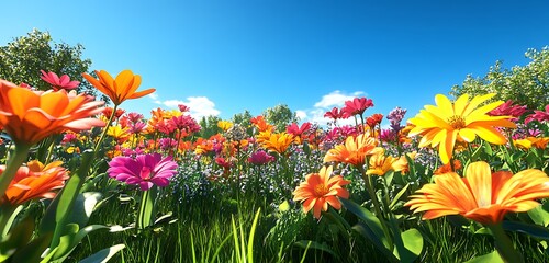 Springtime garden in full bloom with vibrant flowers under a clear blue sky