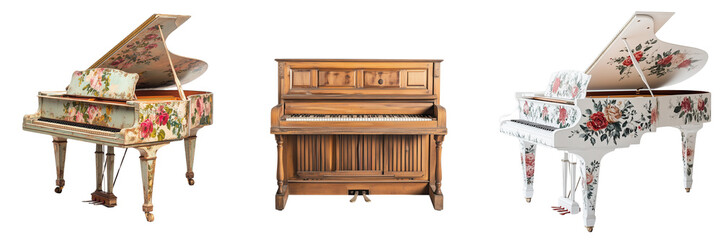 Fototapeta premium Set of A soft-focus shot of a vintage piano with sunlight streaming through the windows on transparent png background