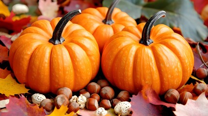 Autumn Harvest, Three Pumpkins on Fall Leaves and Hazelnuts