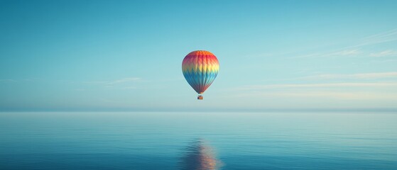 Fototapeta premium A vibrant hot air balloon hovers over a calm, blue ocean, reflecting on the water's surface, symbolizing freedom and infinite possibilities.