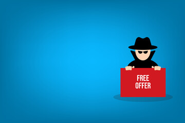 Hacker holding free offer message banner. Hacking concept.	
