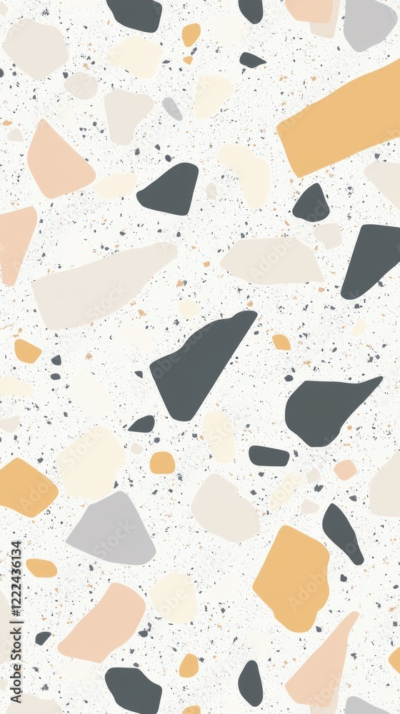 Poster This terrazzo pattern showcases an array of soft, earthy tones with various shapes scattered across a light backdrop, creating a tranquil and sophisticated ambiance perfect for modern design