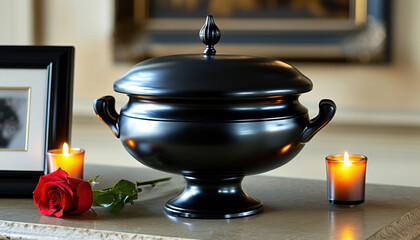 Elegant black urn with red rose and candles with copy space