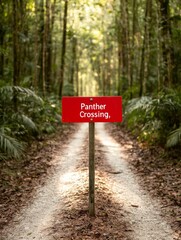 Earthy Forest Serenity Scenic Panther Crossing Sign in Sunlit Trail - Celebrating Save the Florida Panther Day and Spring Conservation for Eco-Friendly Tourism