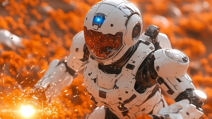 Fototapeta premium Futuristic Robot Explorer in Fiery Orange Alien Landscape