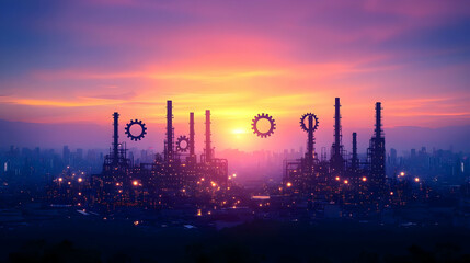 Fototapeta premium Sunset refinery gears city industry