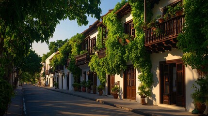 Charming Historic Street with Lush Greenery and Colonial Architecture
