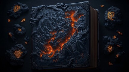 Dark Fantasy Book with Lava and Mystical Symbols Surrounding It