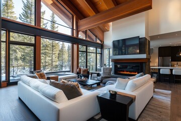 Fototapeta premium This image captures an elegant living room with large windows allowing natural light, showcasing wooden features that create a warm and inviting atmosphere within the space.