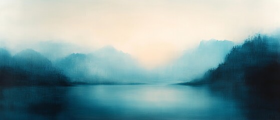 Fototapeta premium A misty lake blends with soft, blurry hues, creating a dreamy and tranquil atmosphere, invoking introspection and calm.