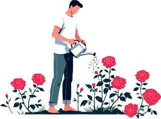 Gardener watering red roses in garden with watering can
