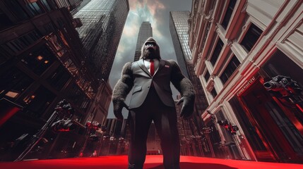 A King Kong-headed leader in a power pose, standing on a red carpet in a formal suit, with skyscrapers and cameras capturing the moment.