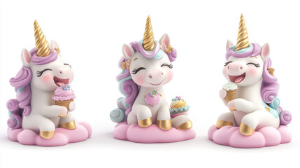 Obraz premium Cute unicorn character in different poses isolated on white background. Vector set of cartoon funny magic horse with golden horn and purple mane eat ice cream, smile and lay on pink cloud