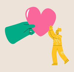 Big hand gives heart to woman. Support concept. Colorful vector illustration