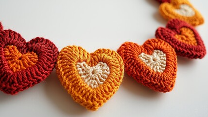 Obraz premium Colorful crochet hearts create a charming necklace, showcasing intricate patterns and vibrant hues of red, orange, and yellow.