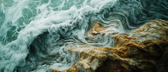 Waves gracefully crash over rugged coastal rocks, swirling in a natural dance of water and stone, highlighting raw ocean energy.