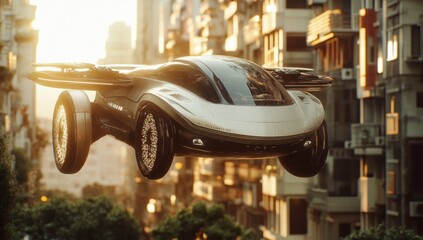 Futuristic Flying Car Soaring Above Cityscape at Sunset