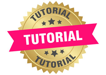 tutorial. tutorial round pink and gold label isolated on transparent background