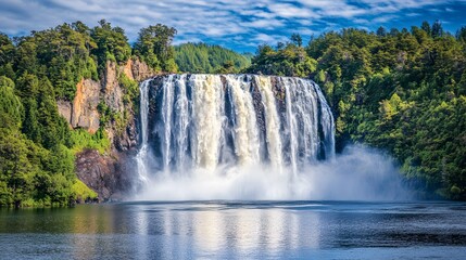 Fototapeta premium Majestic Waterfall Cascading into Serene Lake, Lush Green Forest Surroundings