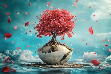 A tree is floating in a pond with pink petals falling around it
