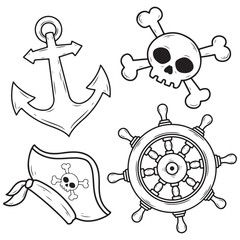 illustration art set pirate stuff hat, skull wheel sticker design	
