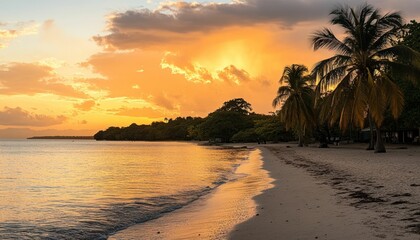 Golden Hour Glow on a Tranquil Beach with Palm Trees and a Fiery Sunset