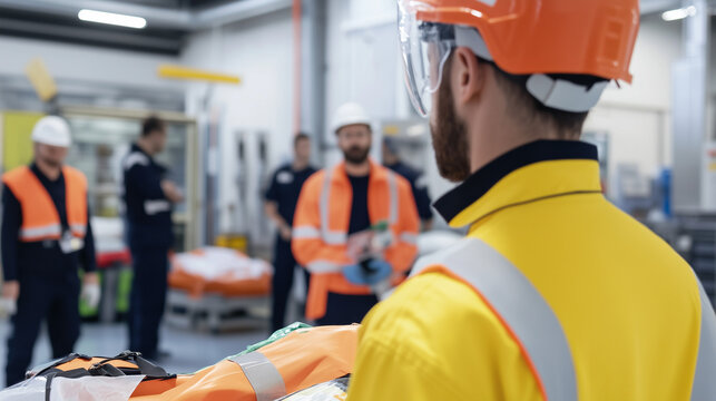 Factory Safety Briefing: A focus on a worker in bright yellow safety jacket and orange helmet, attending a safety briefing in a bustling factory environment.