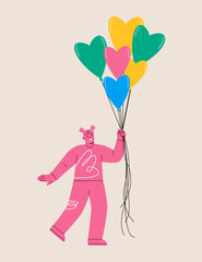 Give and share love. Woman holds heart shaped balloons. Colorful vector illustration