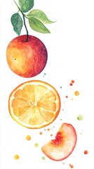 Vibrant Watercolor Fruits: A Delightful Display of Apple, Orange, and Peach Slices