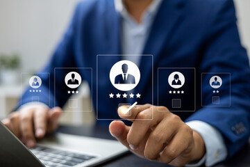 Human resource technology, HR recruitment and team management, Human resource manager reviewing online CVs to select perfect candidate for employment using digital technology and networking tools