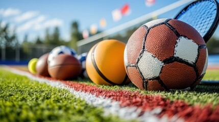 a basketball, soccer cleats, and a tennis ball, all arranged on a wooden floor, symbolizing the excitement and energy of National Sports Day.