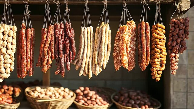 Vibrant Spanish Market Stall with Cured Smoked Meats