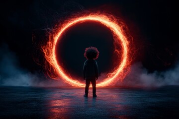 A vibrant 3D illustration of a child standing in front of a glowing, magical portal, looking through it at a fantastical world, their expression filled with wonder and longing